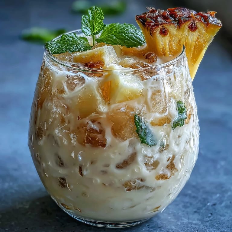 Chilled pineapple coconut agua fresca drink blending sweet pineapple chunks with coconut water and milk, served over ice with a lime twist.