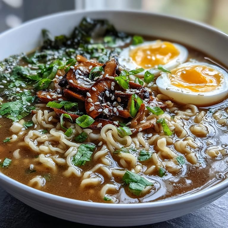 Vibrant miso ramen topped with green onions, sesame seeds, nori strips, and tender vegetables in savory broth.  