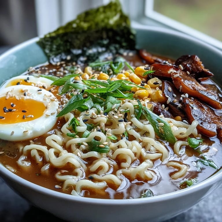 Cozy homemade miso ramen featuring springy noodles, earthy mushrooms, baby spinach, and a perfectly cooked soft-boiled egg.