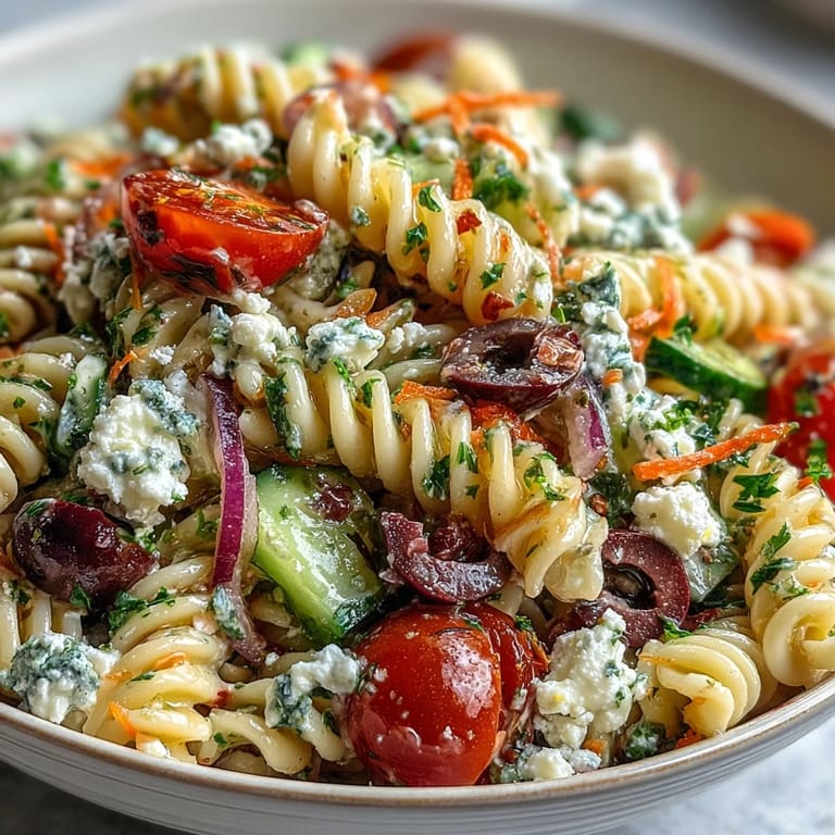 Delicious Memorial Day pasta salad featuring vibrant colors and a zesty Italian dressing.