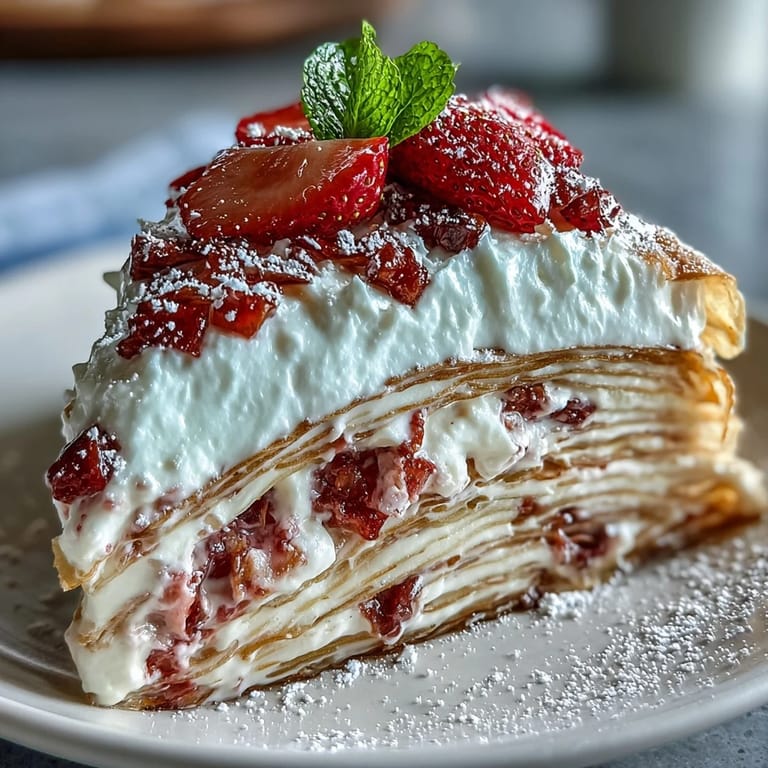 Sumptuous Mother's Day Crêpe Cake dessert, showing fresh strawberries and delicate creamy layers.