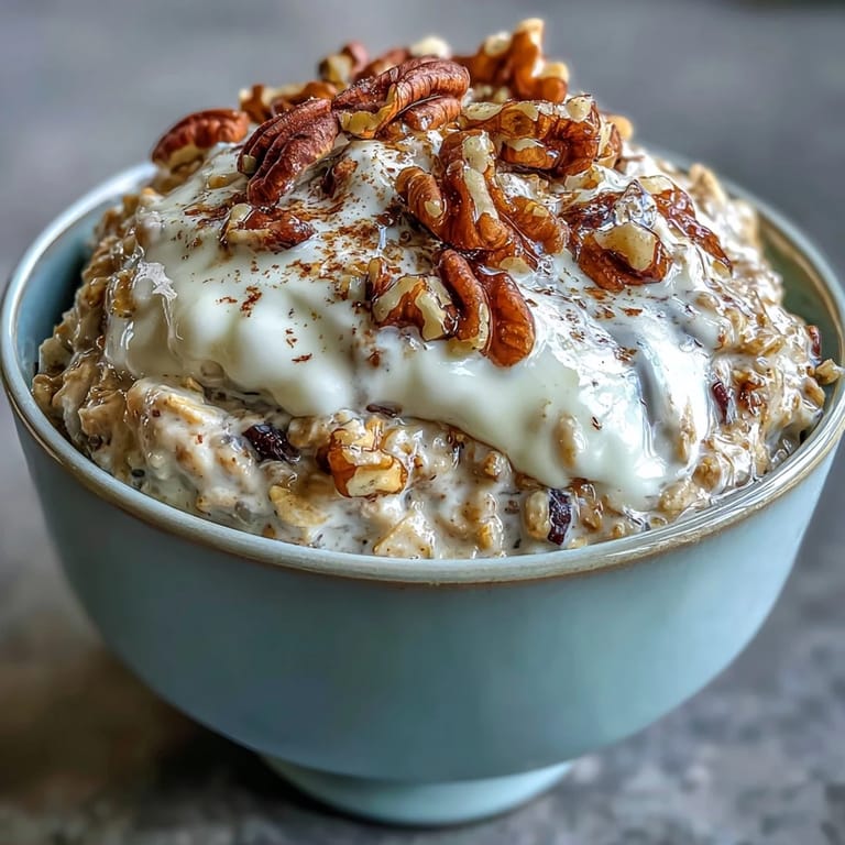 A close-up of carrot cake overnight oats garnished with a drizzle of maple syrup and a dollop of Greek yogurt.