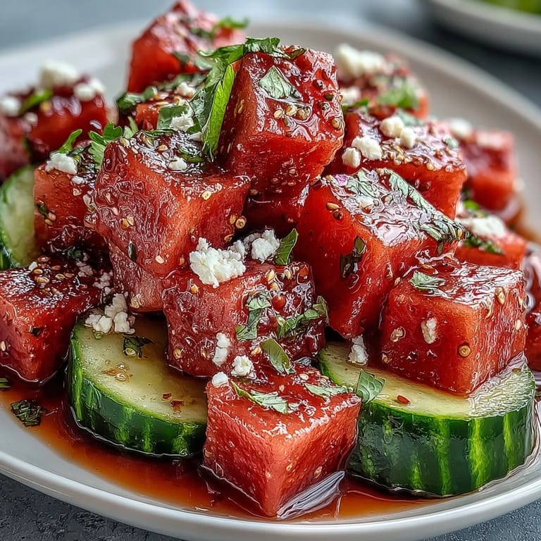 Vibrant watermelon cucumber salad, zesty lime dressing, perfect light side dish.