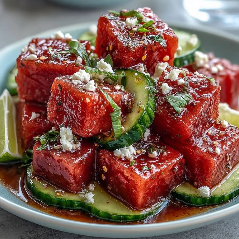Cooling watermelon cucumber salad, bright Tajin spice, quick and easy appetizer.