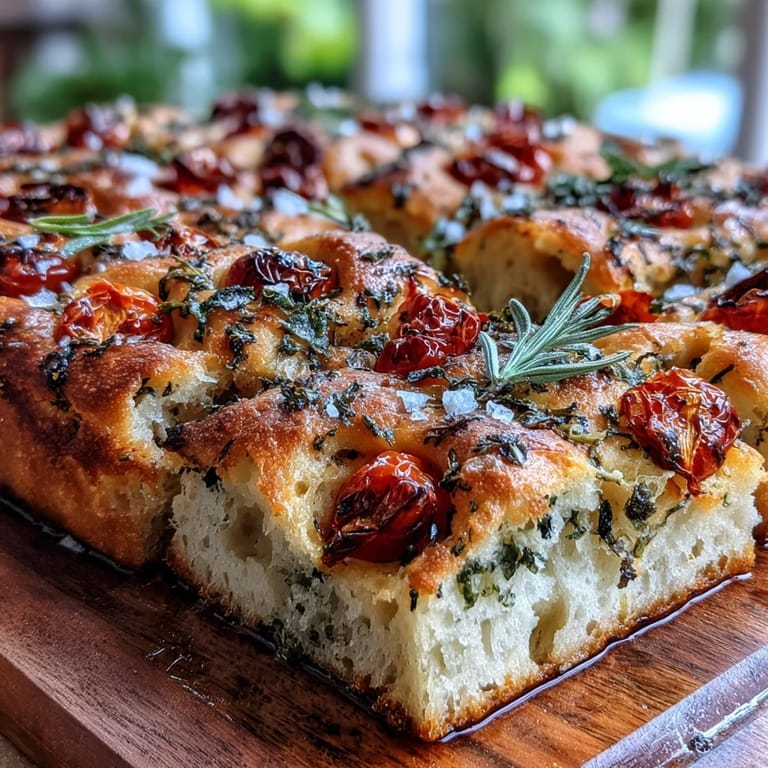 Fluffy Italian focaccia bread topped with vibrant spring herbs, juicy tomatoes, and olive oil, perfect for sharing at gatherings.