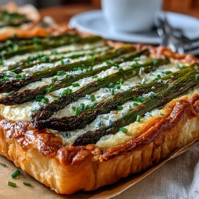 Elegant spring tart featuring flaky puff pastry topped with zesty lemon ricotta and fresh asparagus for a light vegetarian meal.