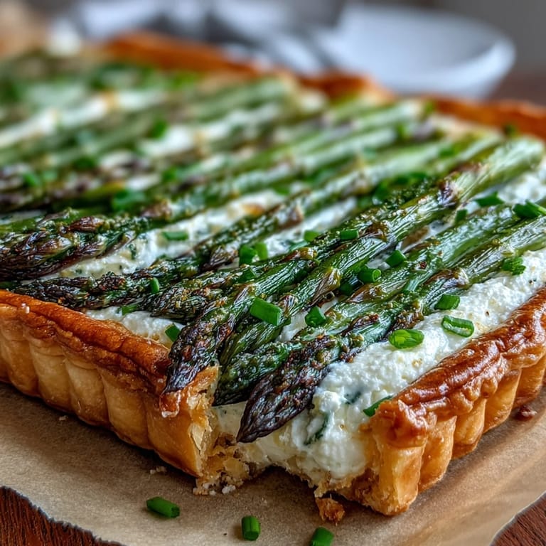 Baked Asparagus Ricotta Tart with a golden crust, smooth cheese filling, and vibrant green asparagus, garnished with fresh herbs.