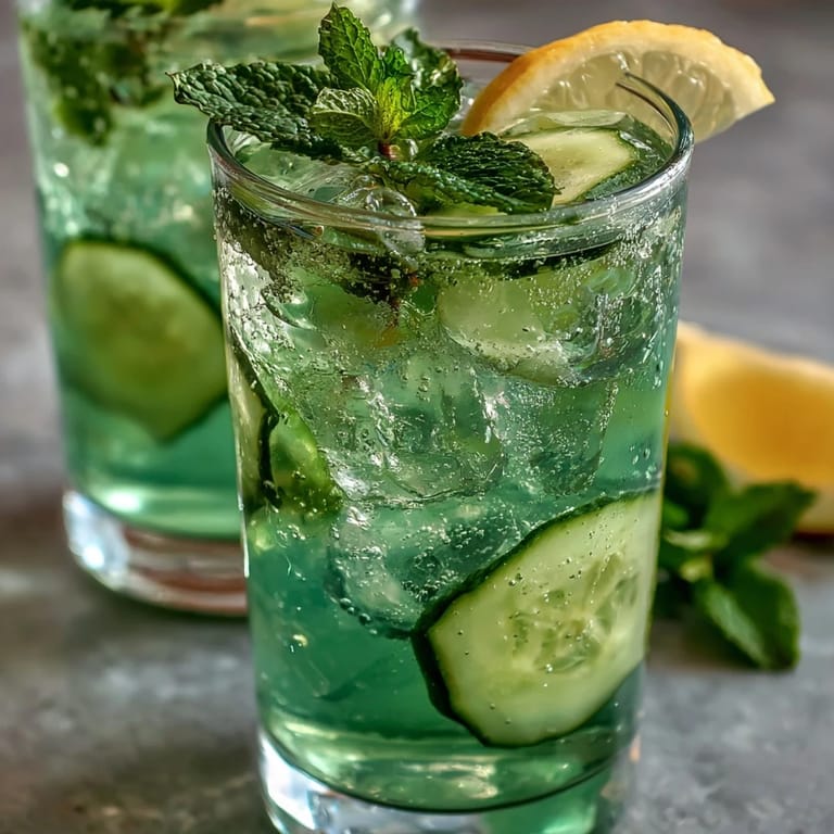 Enjoy this easy Sparkling Cucumber Mint Lemonade Mocktail, garnished with fresh lemon slices.
