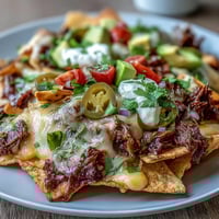 Crispy tortilla chips smothered in smoky BBQ beef and melted cheddar, topped with jalapeños and fresh cilantro for a bold flavor.  