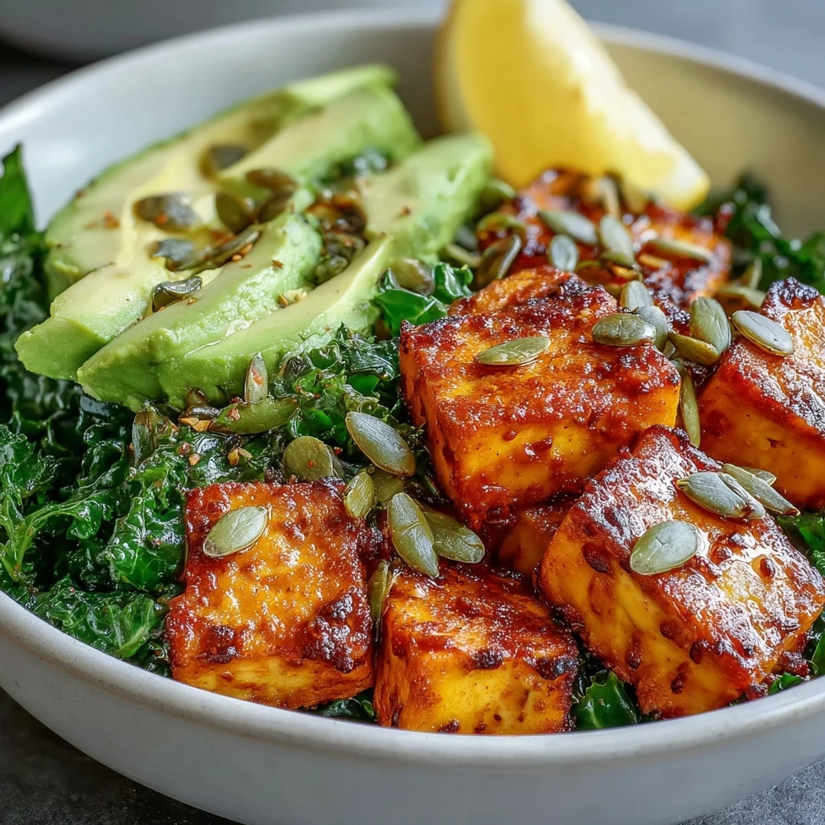 Golden crispy tofu, sautéed kale, and creamy avocado create a vibrant Tofu Breakfast Bowl with a squeeze of lemon.