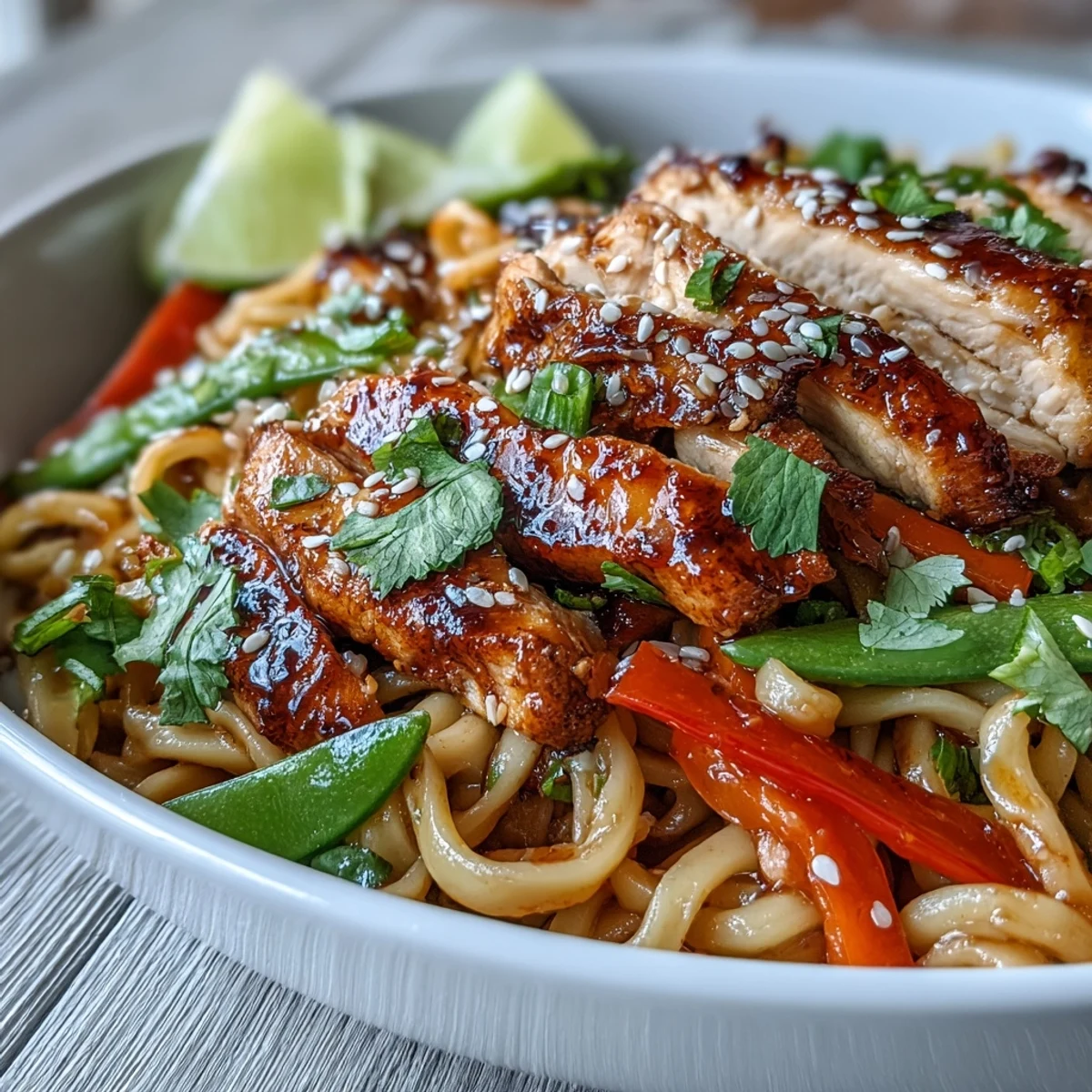 Tender sliced chicken and crisp veggies in a sweet-savory sesame sauce over noodles, served in a white bowl.