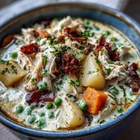Creamy slow cooker chicken pot pie soup with tender chicken, potatoes, and vegetables in a rich, comforting broth.
