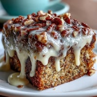 Moist carrot and walnut layer cake with tangy cream cheese frosting, garnished with chopped walnuts and fresh edible flowers for a festive spring dessert.