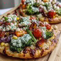 Vibrant St. Patrick's Day Rainbow Veggie Flatbread Pizza with fresh mozzarella and colorful bell peppers arranged in a festive pattern.