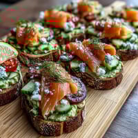 1. Spring brunch avocado toast board with smoked salmon, a colorful spread of creamy avocado, fresh vegetables, and savory salmon perfect for sharing.