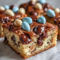 Soft peanut butter cookie bars with colorful Easter egg candies, perfect for spring dessert tables.