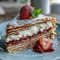 Elegant Mother's Day Crêpe Cake, layered with strawberries and creamy mascarpone filling.