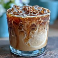 Homemade brown sugar oat milk shaken espresso with frothy espresso swirls over ice.