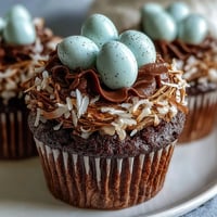 Easter nest cupcakes with chocolate buttercream and candy eggs in a bird nest design.