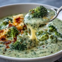 Creamy broccoli cheddar soup with tender broccoli florets and rich melted cheese in a velvety broth.